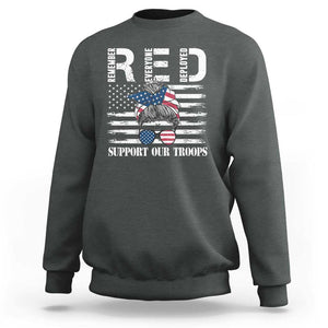 Red Friday Sweatshirt R.E.D Remember Everyone Deployed American Flag Messy Bun TS02 Dark Heather Print Your Wear