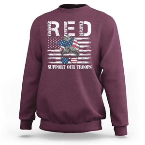 Red Friday Sweatshirt R.E.D Remember Everyone Deployed American Flag Messy Bun TS02 Maroon Print Your Wear