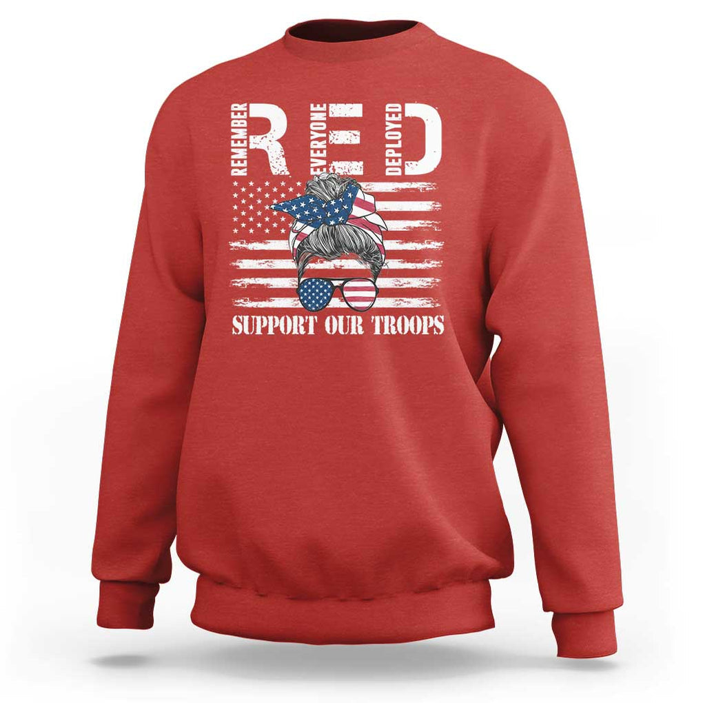 Red Friday Sweatshirt R.E.D Remember Everyone Deployed American Flag Messy Bun TS02 Red Print Your Wear