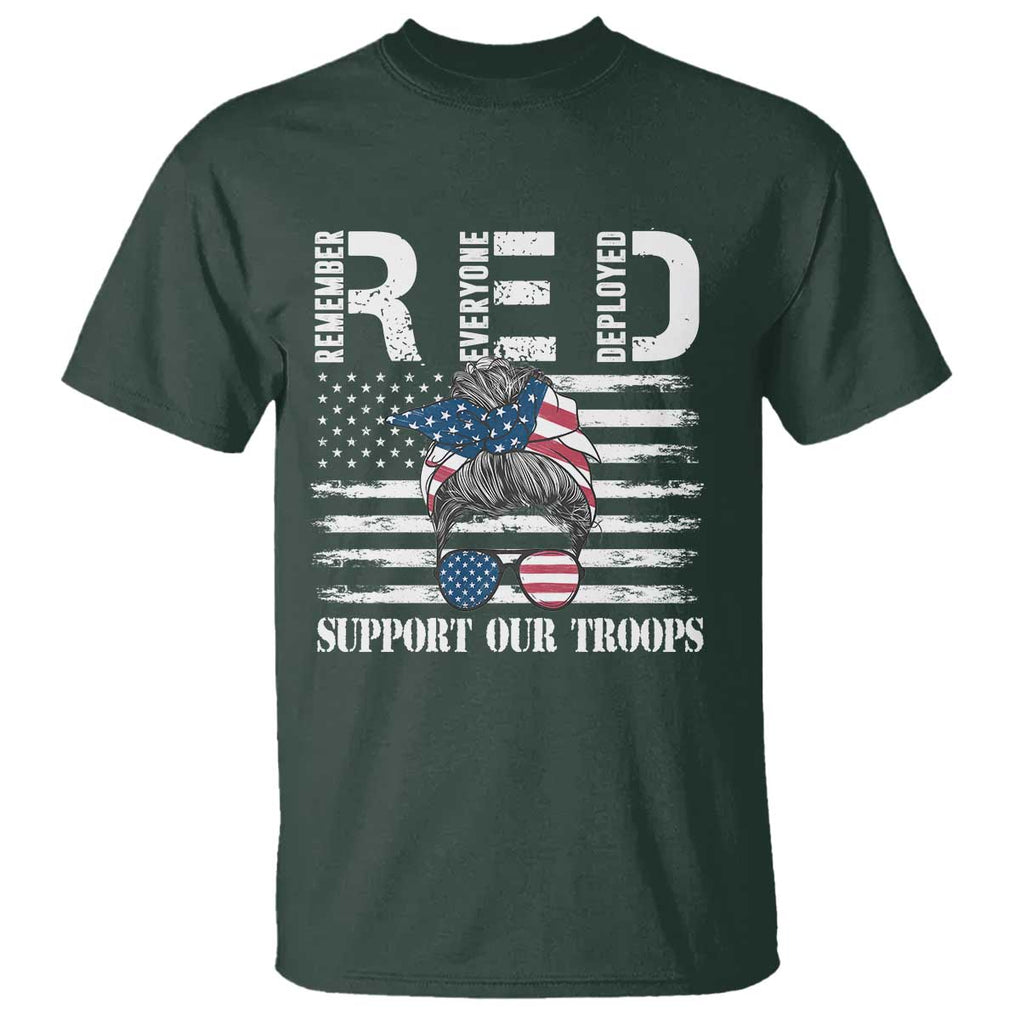 Red Friday T Shirt R.E.D Remember Everyone Deployed American Flag Messy Bun TS02 Dark Forest Green Print Your Wear