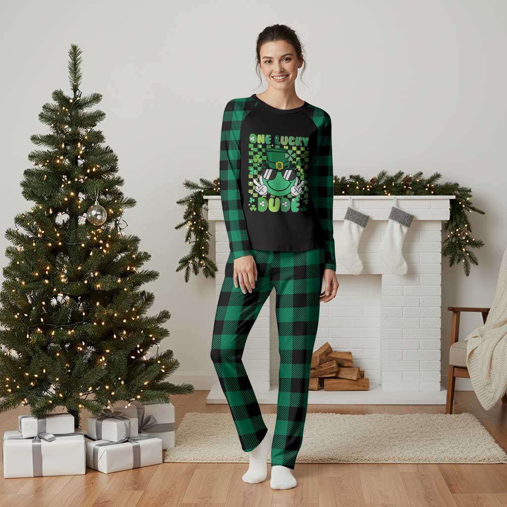 Retro St Patrick's Day Plaid Pajama Set One Lucky Dude Green Checkered Heart Groovy TS02 Green Plaid Print Your Wear