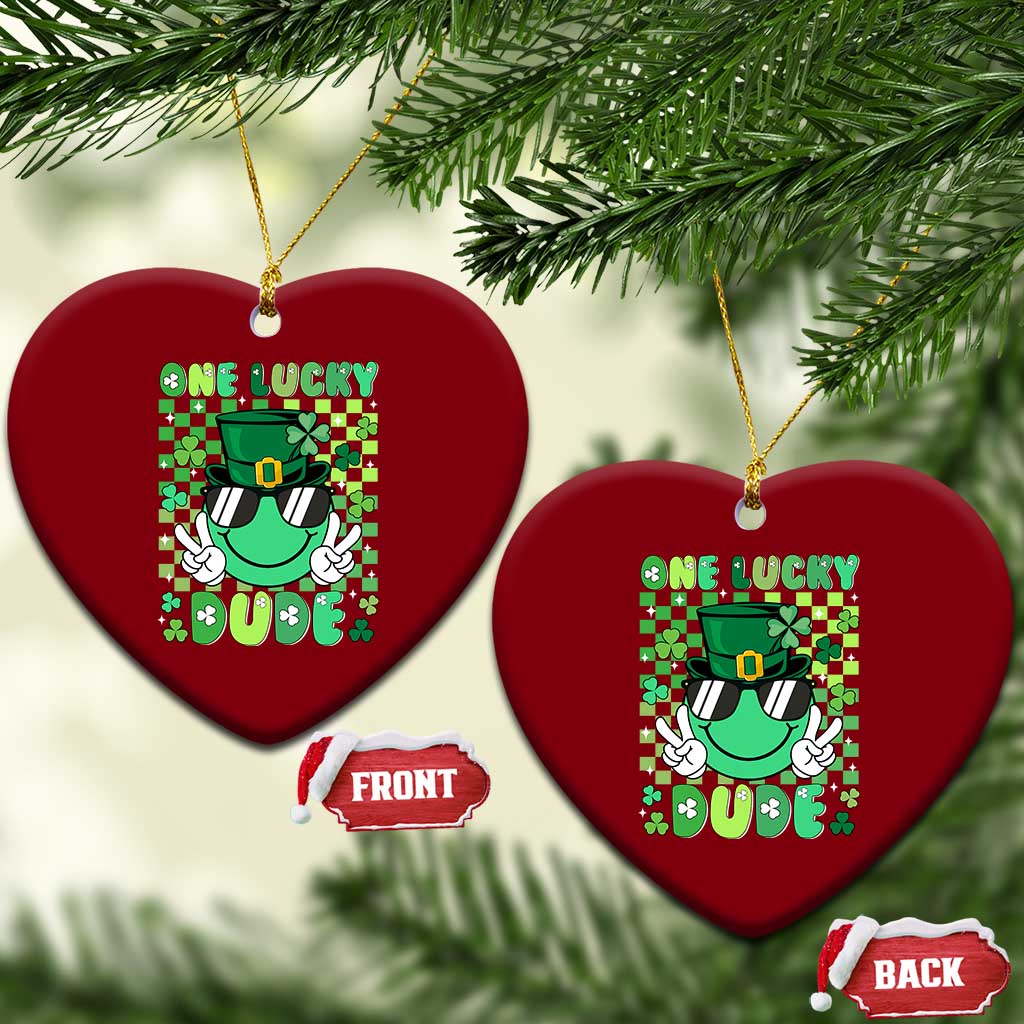 Retro St Patrick's Day Ceramic Ornament One Lucky Dude Green Checkered Heart Groovy TS02 Print Your Wear