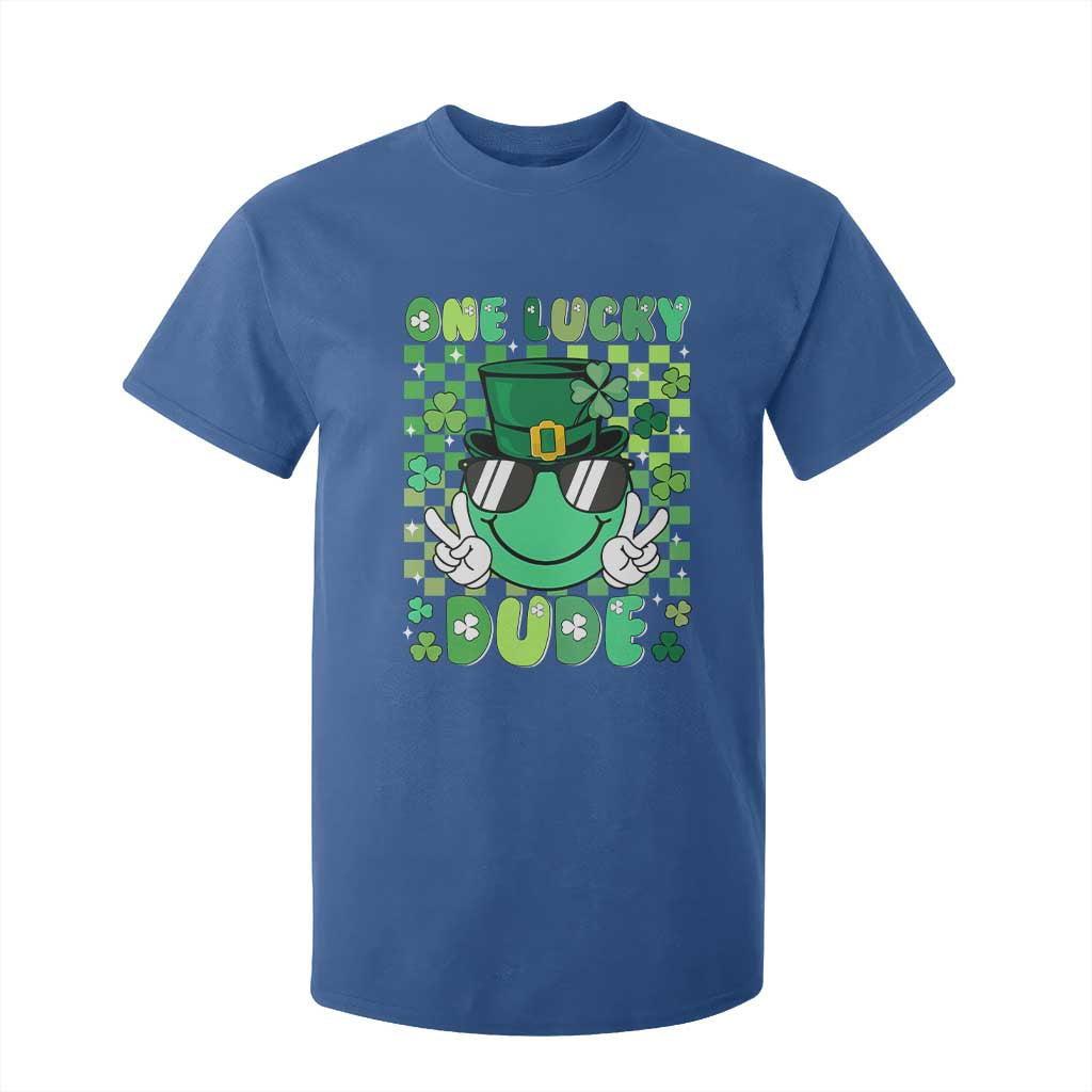 Retro St Patrick's Day T Shirt For Kid One Lucky Dude Green Checkered Heart Groovy TS02 Royal Blue Print Your Wear