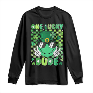 Retro St Patrick's Day Long Sleeve Shirt One Lucky Dude Green Checkered Heart Groovy TS02 Black Print Your Wear