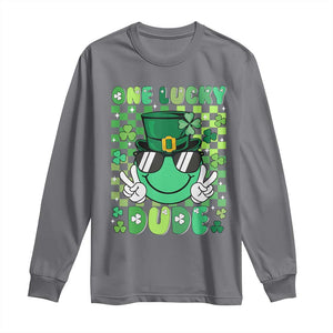 Retro St Patrick's Day Long Sleeve Shirt One Lucky Dude Green Checkered Heart Groovy TS02 Charcoal Print Your Wear