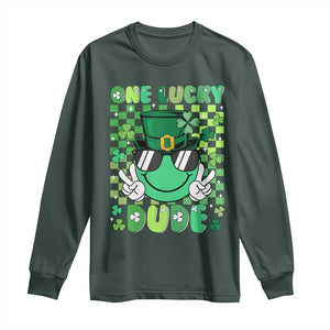 Retro St Patrick's Day Long Sleeve Shirt One Lucky Dude Green Checkered Heart Groovy TS02 Dark Forest Green Print Your Wear