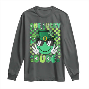 Retro St Patrick's Day Long Sleeve Shirt One Lucky Dude Green Checkered Heart Groovy TS02 Dark Heather Print Your Wear