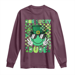 Retro St Patrick's Day Long Sleeve Shirt One Lucky Dude Green Checkered Heart Groovy TS02 Maroon Print Your Wear