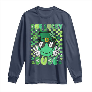 Retro St Patrick's Day Long Sleeve Shirt One Lucky Dude Green Checkered Heart Groovy TS02 Navy Print Your Wear