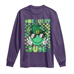 Retro St Patrick's Day Long Sleeve Shirt One Lucky Dude Green Checkered Heart Groovy TS02 Purple Print Your Wear