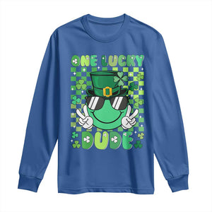 Retro St Patrick's Day Long Sleeve Shirt One Lucky Dude Green Checkered Heart Groovy TS02 Royal Blue Print Your Wear