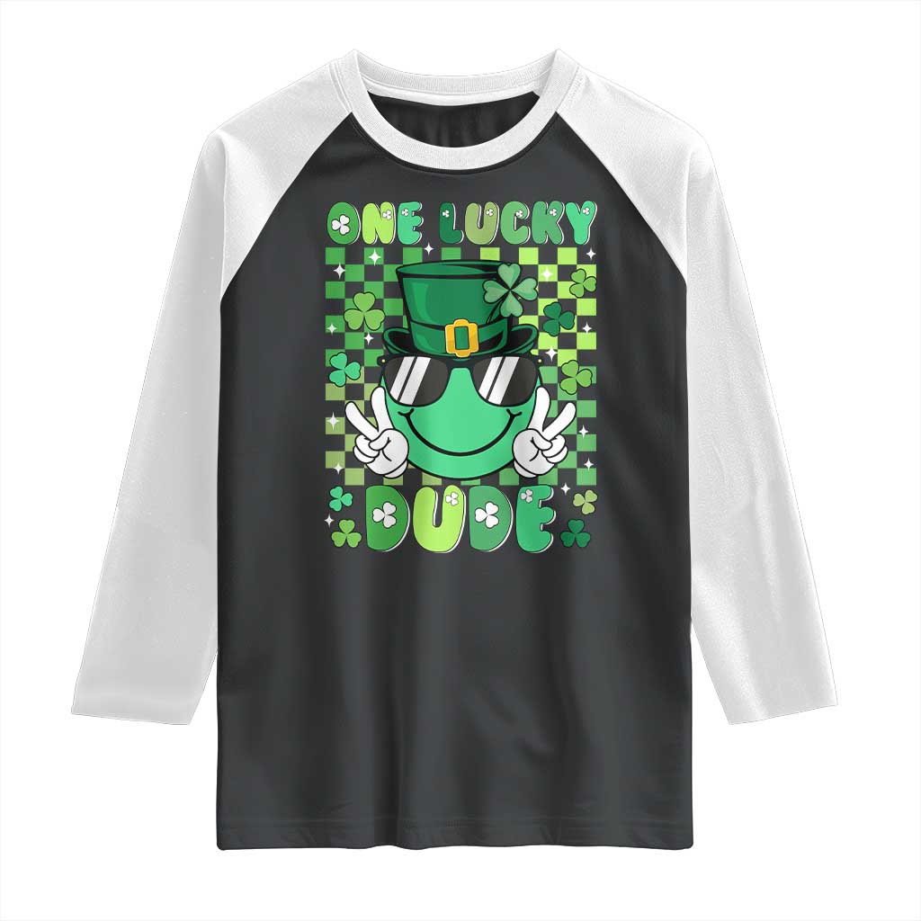 Retro St Patrick's Day Raglan Shirt One Lucky Dude Green Checkered Heart Groovy TS02 Black White Print Your Wear