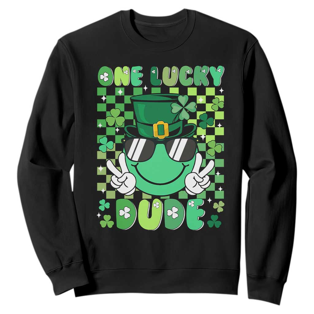 Retro St Patrick's Day Sweatshirt One Lucky Dude Green Checkered Heart Groovy TS02 Black Print Your Wear