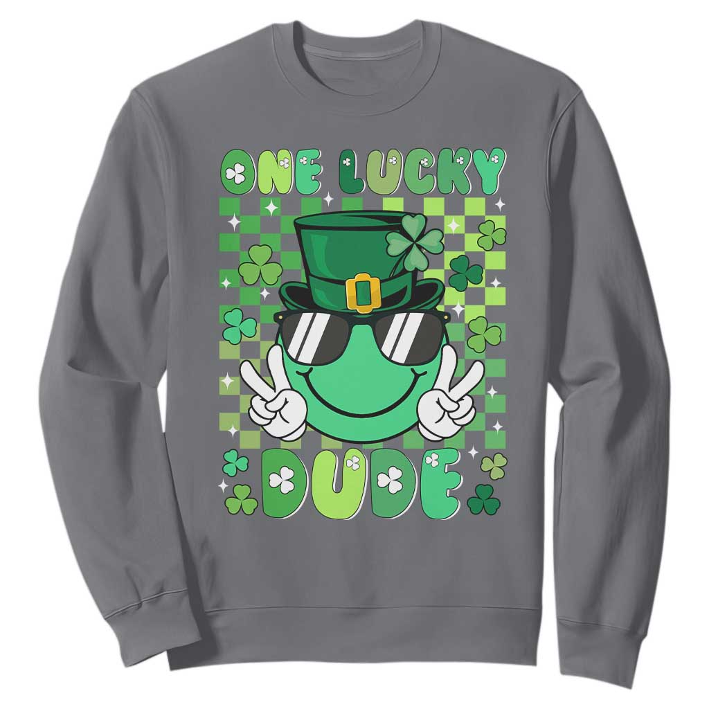 Retro St Patrick's Day Sweatshirt One Lucky Dude Green Checkered Heart Groovy TS02 Charcoal Print Your Wear