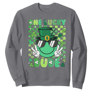 Retro St Patrick's Day Sweatshirt One Lucky Dude Green Checkered Heart Groovy TS02 Charcoal Print Your Wear