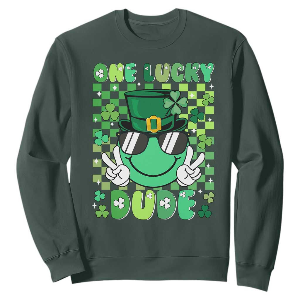 Retro St Patrick's Day Sweatshirt One Lucky Dude Green Checkered Heart Groovy TS02 Dark Forest Green Print Your Wear