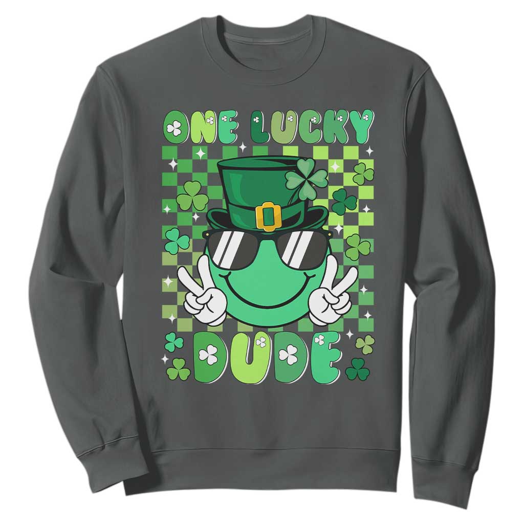 Retro St Patrick's Day Sweatshirt One Lucky Dude Green Checkered Heart Groovy TS02 Dark Heather Print Your Wear
