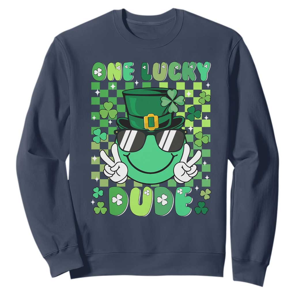 Retro St Patrick's Day Sweatshirt One Lucky Dude Green Checkered Heart Groovy TS02 Navy Print Your Wear