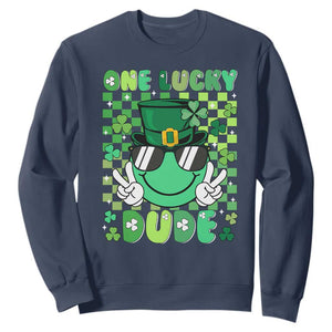 Retro St Patrick's Day Sweatshirt One Lucky Dude Green Checkered Heart Groovy TS02 Navy Print Your Wear