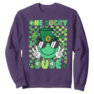 Retro St Patrick's Day Sweatshirt One Lucky Dude Green Checkered Heart Groovy TS02 Purple Print Your Wear