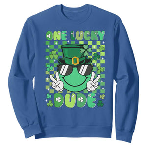 Retro St Patrick's Day Sweatshirt One Lucky Dude Green Checkered Heart Groovy TS02 Royal Blue Print Your Wear