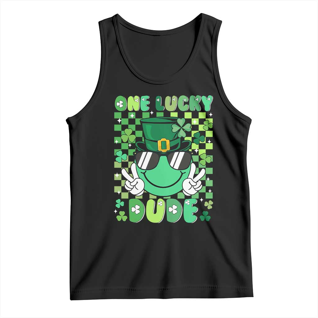 Retro St Patrick's Day Tank Top One Lucky Dude Green Checkered Heart Groovy TS02 Black Print Your Wear