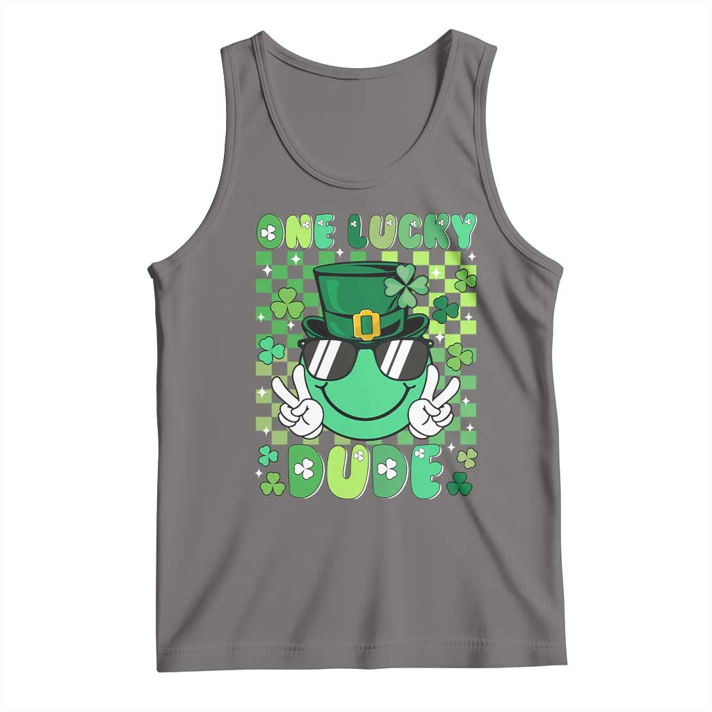 Retro St Patrick's Day Tank Top One Lucky Dude Green Checkered Heart Groovy TS02 Deep Heather Print Your Wear