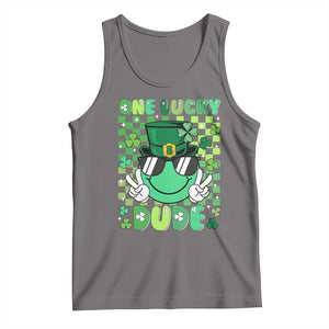 Retro St Patrick's Day Tank Top One Lucky Dude Green Checkered Heart Groovy TS02 Deep Heather Print Your Wear