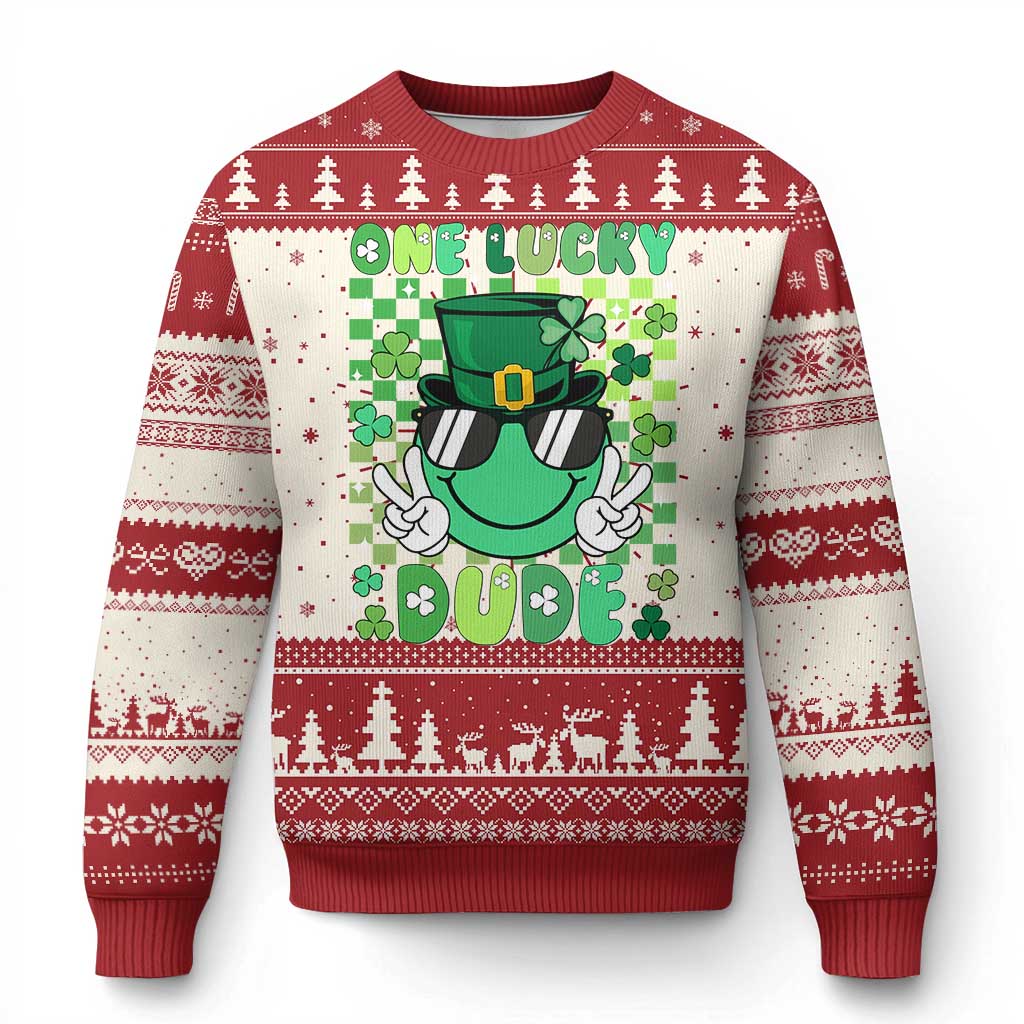 Retro St Patrick's Day Knit Sweatshirt One Lucky Dude Green Checkered Heart Groovy TS02 Red Print Your Wear