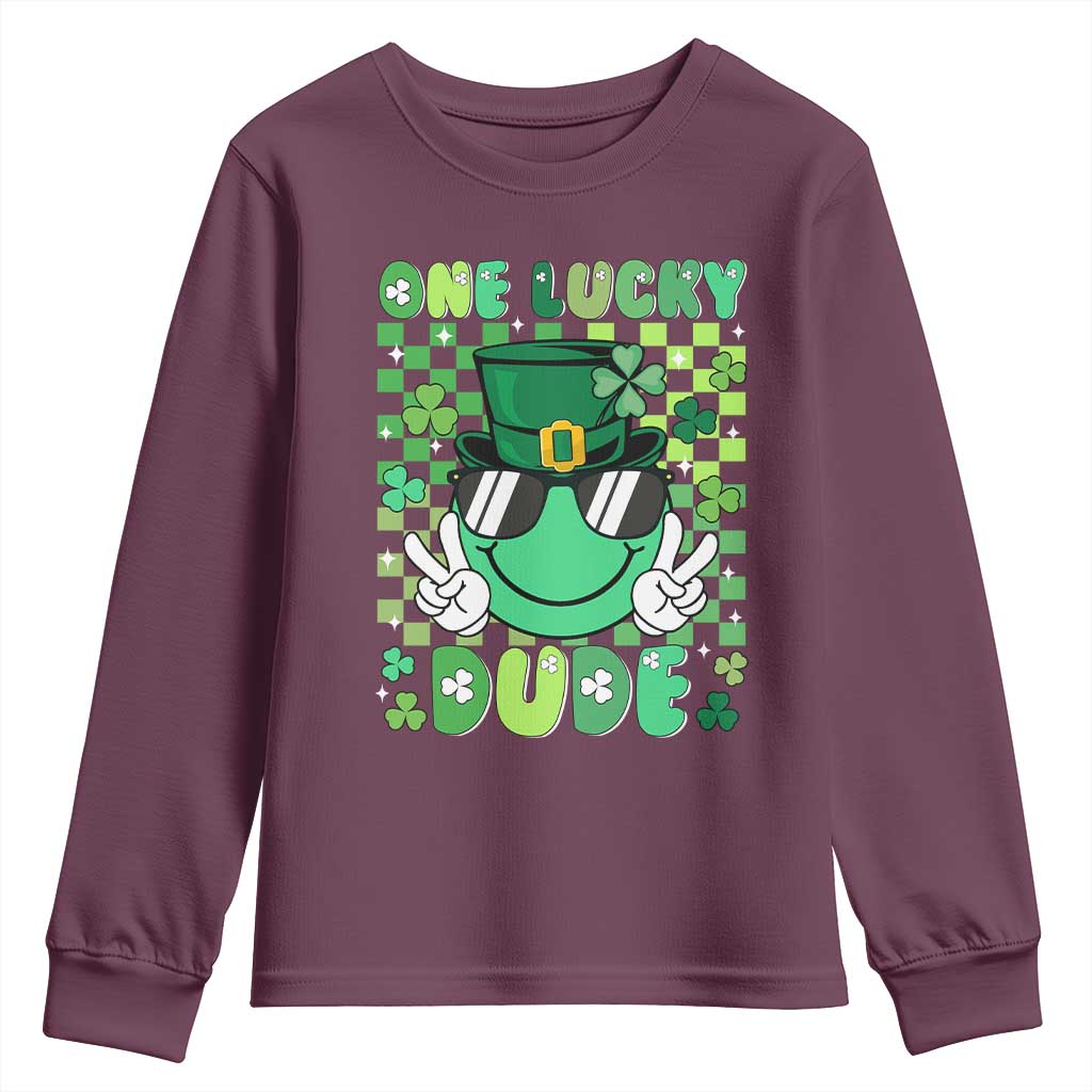 Retro St Patrick's Day Youth Sweatshirt One Lucky Dude Green Checkered Heart Groovy TS02 Maroon Print Your Wear