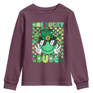Retro St Patrick's Day Youth Sweatshirt One Lucky Dude Green Checkered Heart Groovy TS02 Maroon Print Your Wear