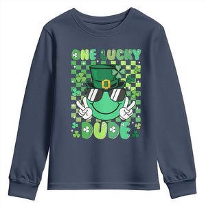Retro St Patrick's Day Youth Sweatshirt One Lucky Dude Green Checkered Heart Groovy TS02 Navy Print Your Wear