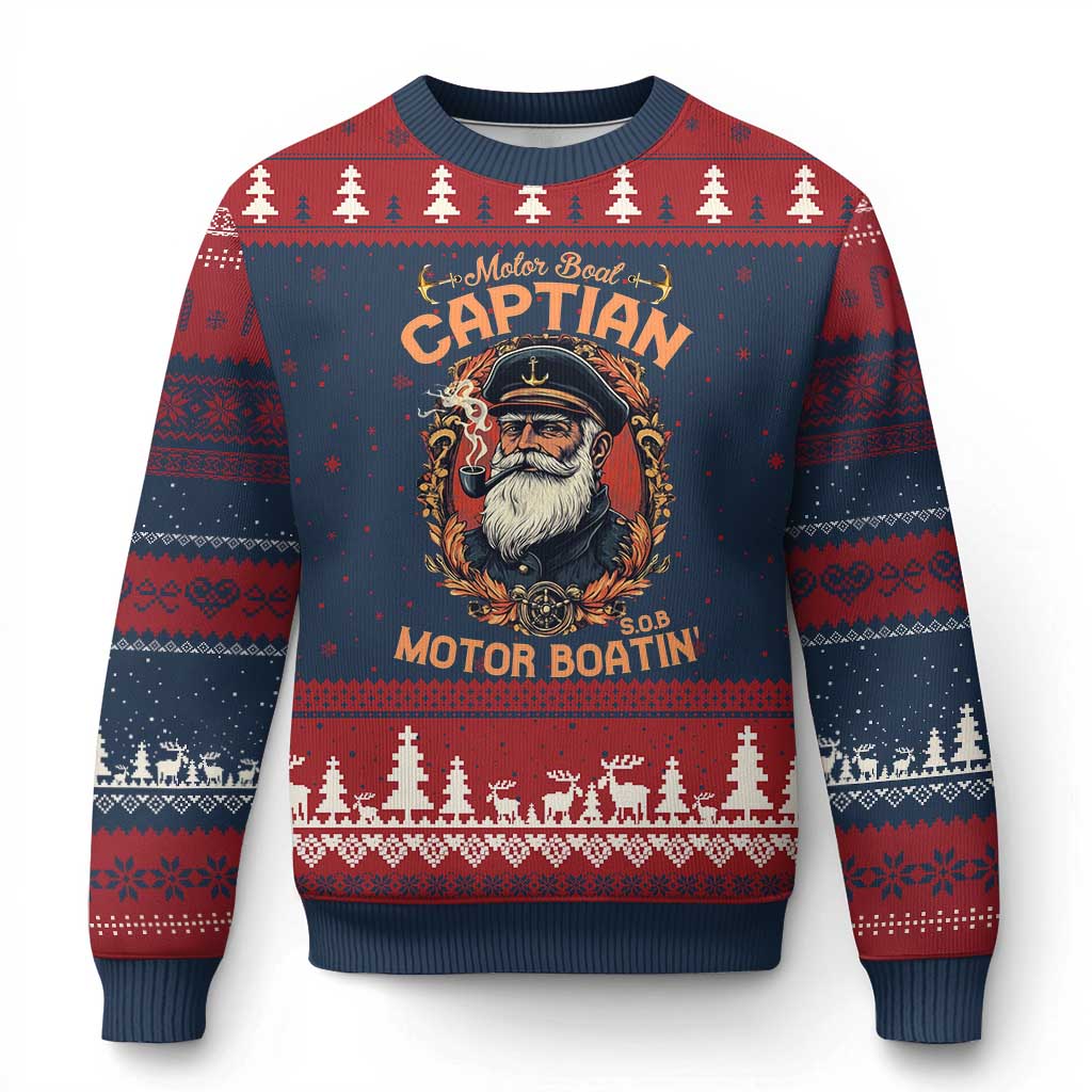 Funny Motor Boat Captain Ugly Christmas Sweater Pontoon SOB Motor Boating Vintage TS02 Navy Red Print Your Wear