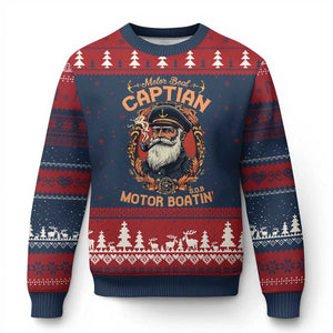 Funny Motor Boat Captain Ugly Christmas Sweater Pontoon SOB Motor Boating Vintage TS02 Navy Red Print Your Wear