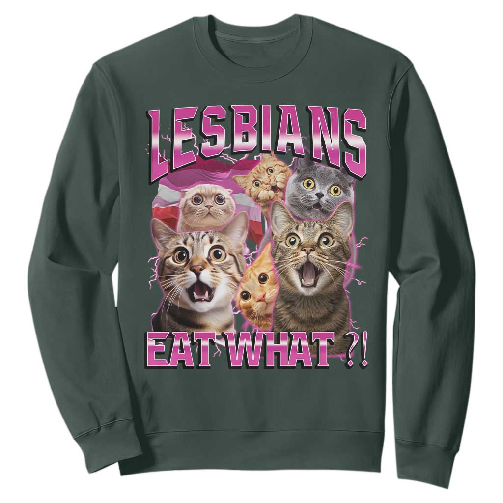 Lesbians Eat What Sweatshirt Funny LGBTQ+ Pride Cats Meme Feline Lover Bootleg TS02 Dark Forest Green Print Your Wear