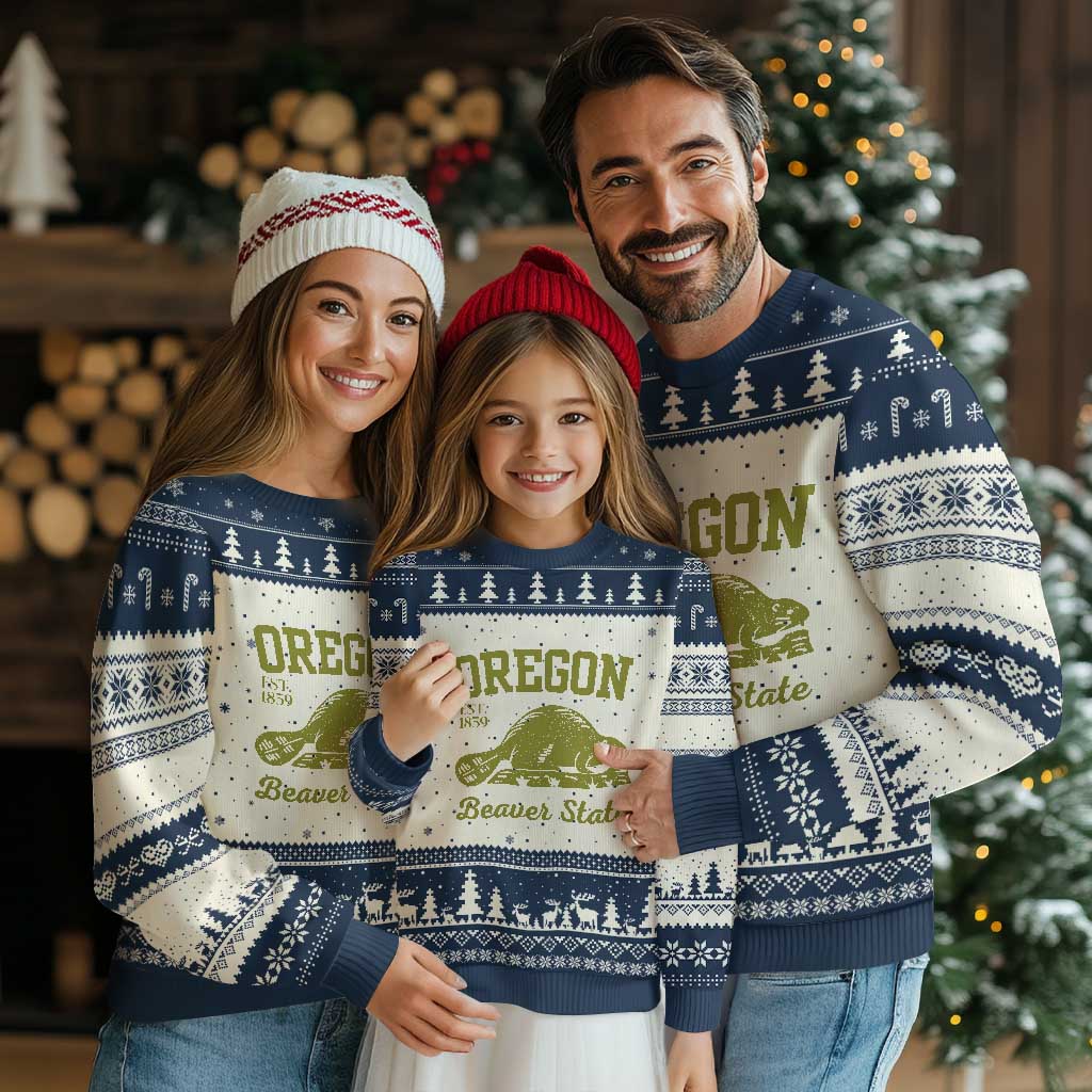 Beaver State Oregon Ugly Christmas Sweater Est 1859 Vintage Flag TS02 Beige Navy Print Your Wear