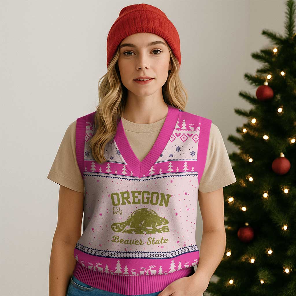 Beaver State Oregon V-Neck Knit Sweater Vest Est 1859 Vintage Flag TS02 Hot Pink Print Your Wear