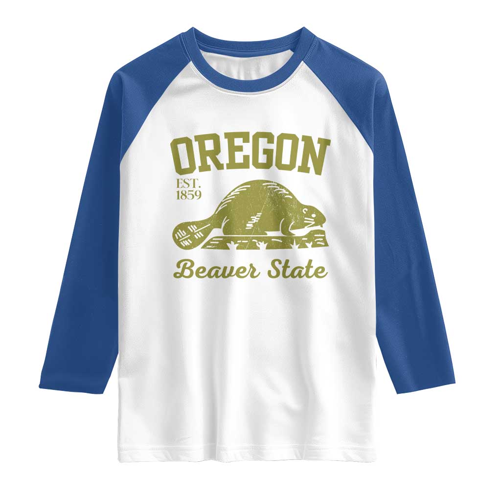 Beaver State Oregon Raglan Shirt Est 1859 Vintage Flag TS02 White Royal Print Your Wear