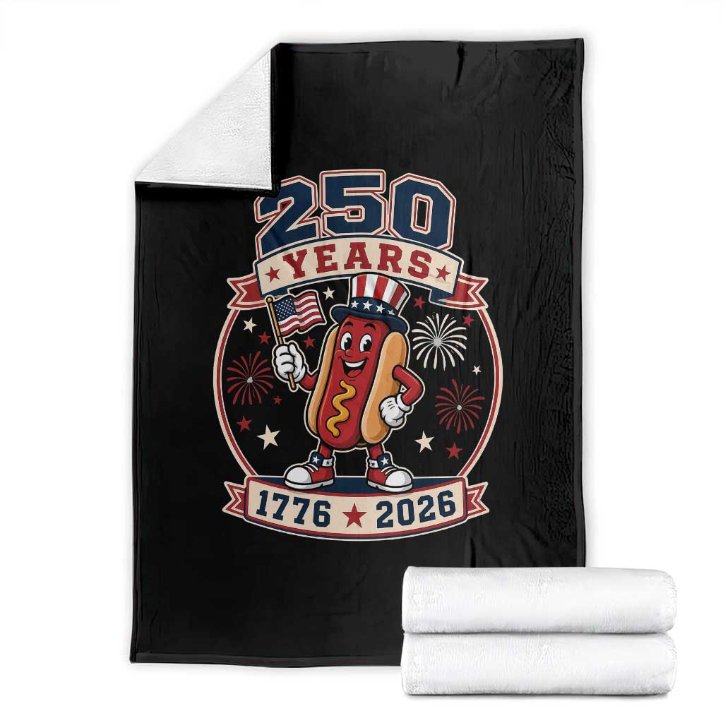 250 Years 1776 to 2026 Cartoon Hot Dog Throw Blanket Funny Uncle Sam Top Hat Waving American Flag Semiquincentennial TS02 Black Print Your Wear