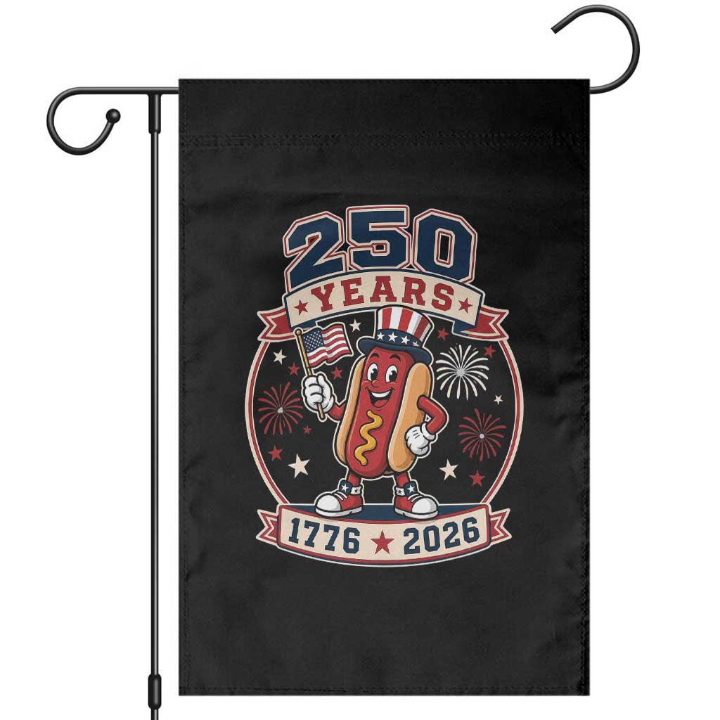 250 Years 1776 to 2026 Cartoon Hot Dog Garden Flag Funny Uncle Sam Top Hat Waving American Flag Semiquincentennial TS02 Black Print Your Wear