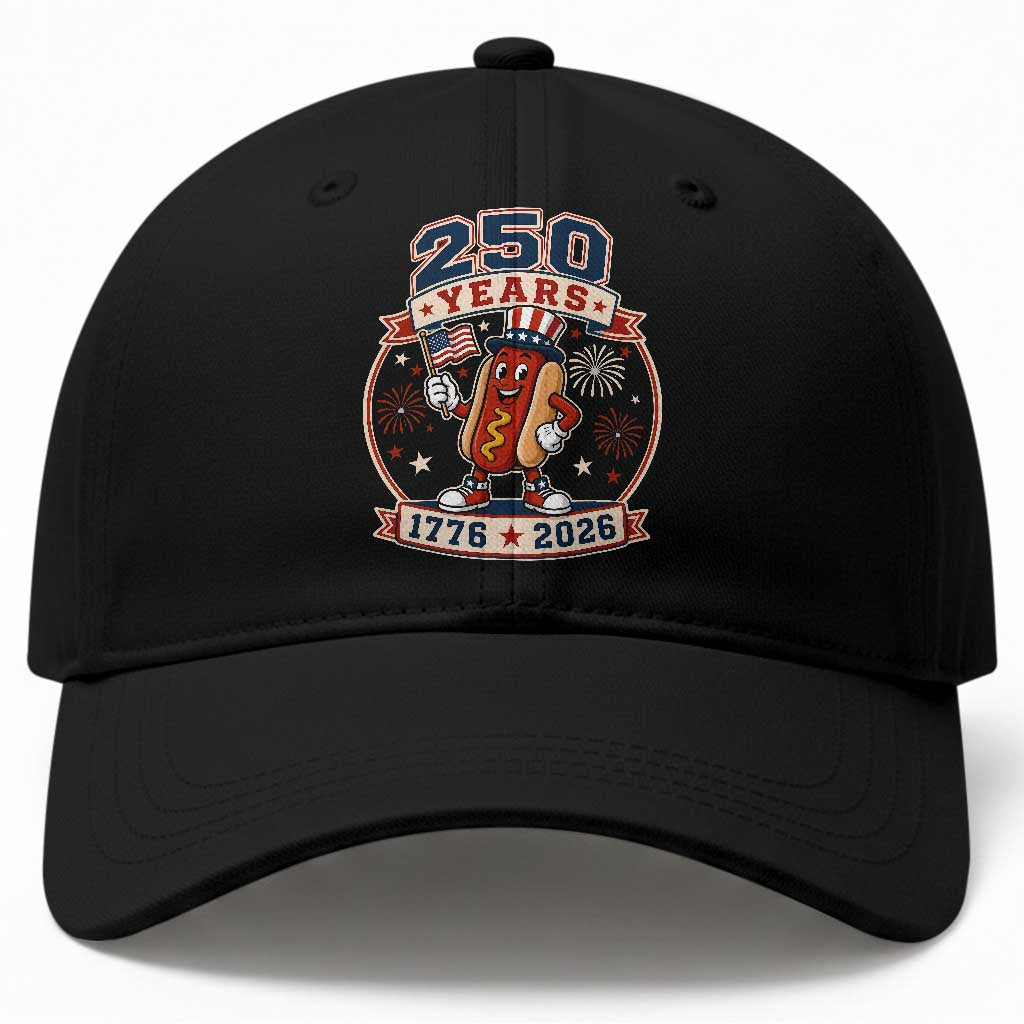 250 Years 1776 to 2026 Cartoon Hot Dog Baseball Cap Funny Uncle Sam Top Hat Waving American Flag Semiquincentennial TS02 Print Your Wear