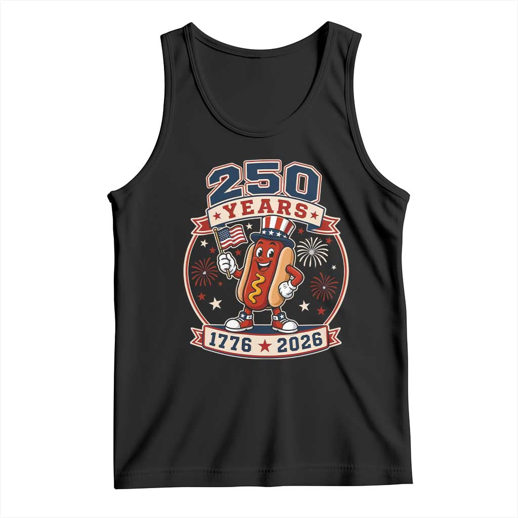 250 Years 1776 to 2026 Cartoon Hot Dog Tank Top Funny Uncle Sam Top Hat Waving American Flag Semiquincentennial TS02 Black Print Your Wear