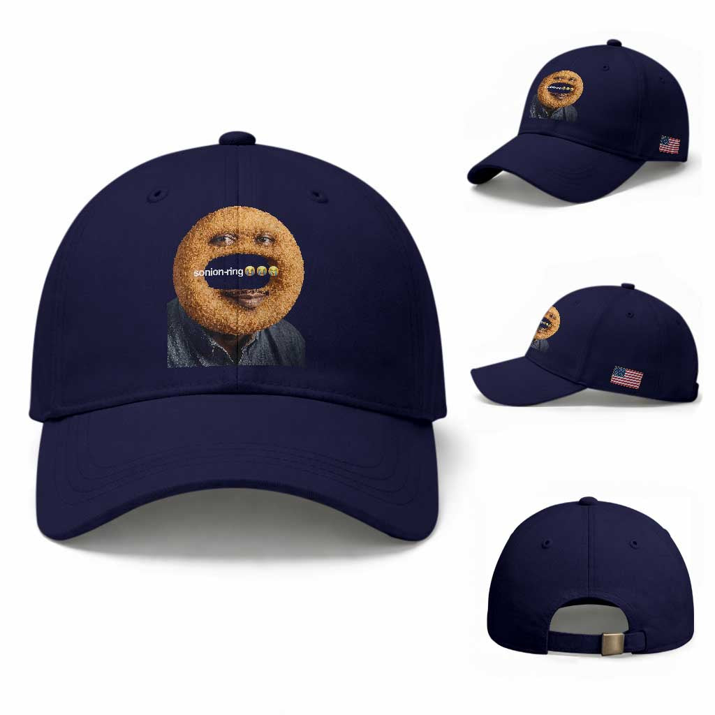 Funny Sonion Ring Cursed Meme Graphic Baseball Cap Surreal Deep Fried Onion Ring Joke TS02 Baseball Cap Universal Fit Dark Blue Print Your Wear