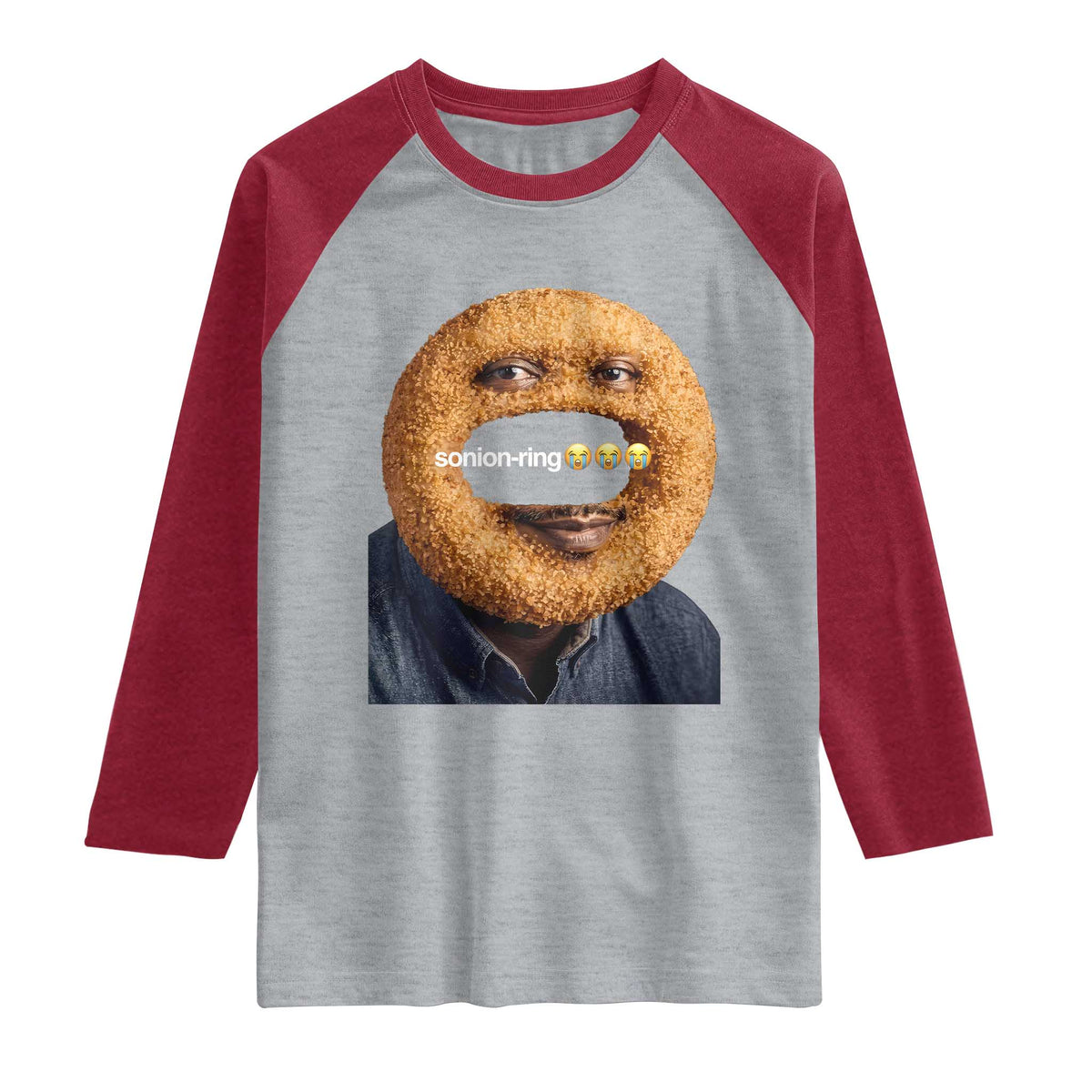 Funny Sonion Ring Cursed Meme Graphic Raglan Shirt Surreal Deep Fried Onion Ring Joke TS02 Heather Gray Heather Red Print Your Wear