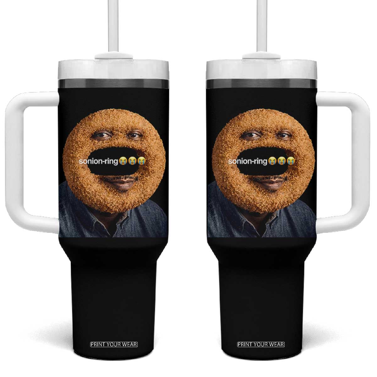 Funny Sonion Ring Cursed Meme Graphic Tumbler With Handle Surreal Deep Fried Onion Ring Joke TS02 One Size: 40 oz Black Print Your Wear