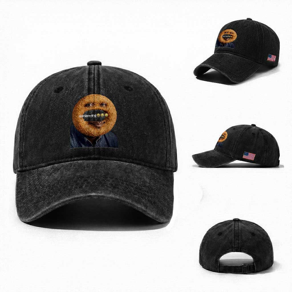 Funny Sonion Ring Cursed Meme Graphic Washed Cotton Baseball Cap Surreal Deep Fried Onion Ring Joke TS02 Washed Cap Universal Fit Black Print Your Wear