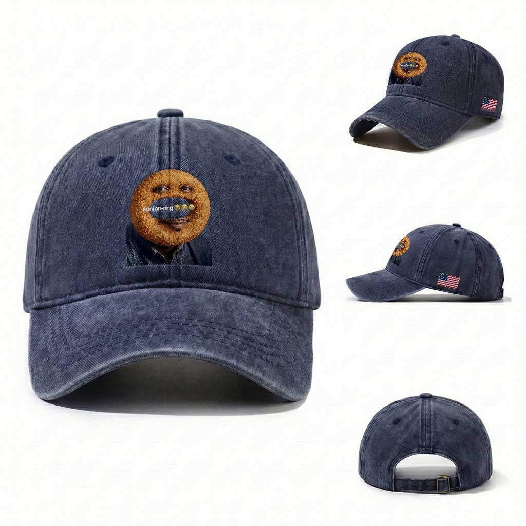 Funny Sonion Ring Cursed Meme Graphic Washed Cotton Baseball Cap Surreal Deep Fried Onion Ring Joke TS02 Washed Cap Universal Fit Navy Print Your Wear