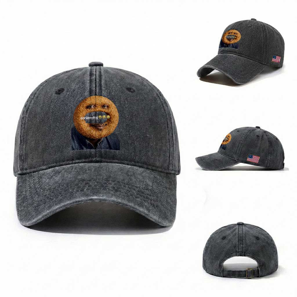 Funny Sonion Ring Cursed Meme Graphic Washed Cotton Baseball Cap Surreal Deep Fried Onion Ring Joke TS02 Washed Cap Universal Fit Dark Gray Print Your Wear