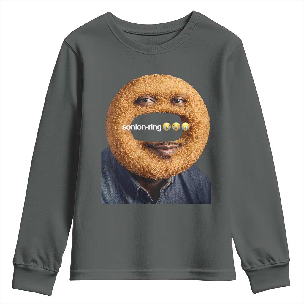 Funny Sonion Ring Cursed Meme Graphic Youth Sweatshirt Surreal Deep Fried Onion Ring Joke TS02 Dark Heather Print Your Wear