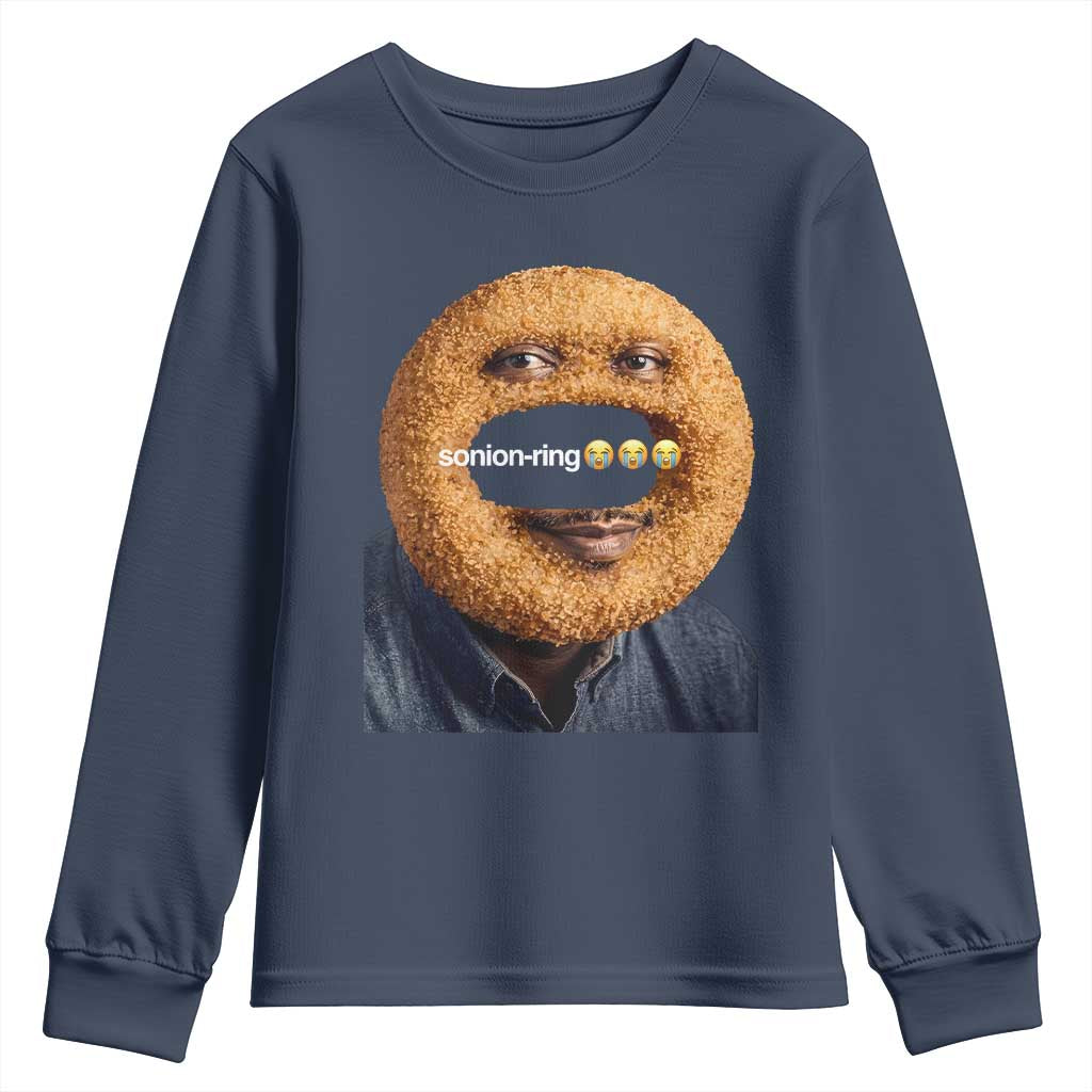 Funny Sonion Ring Cursed Meme Graphic Youth Sweatshirt Surreal Deep Fried Onion Ring Joke TS02 Navy Print Your Wear